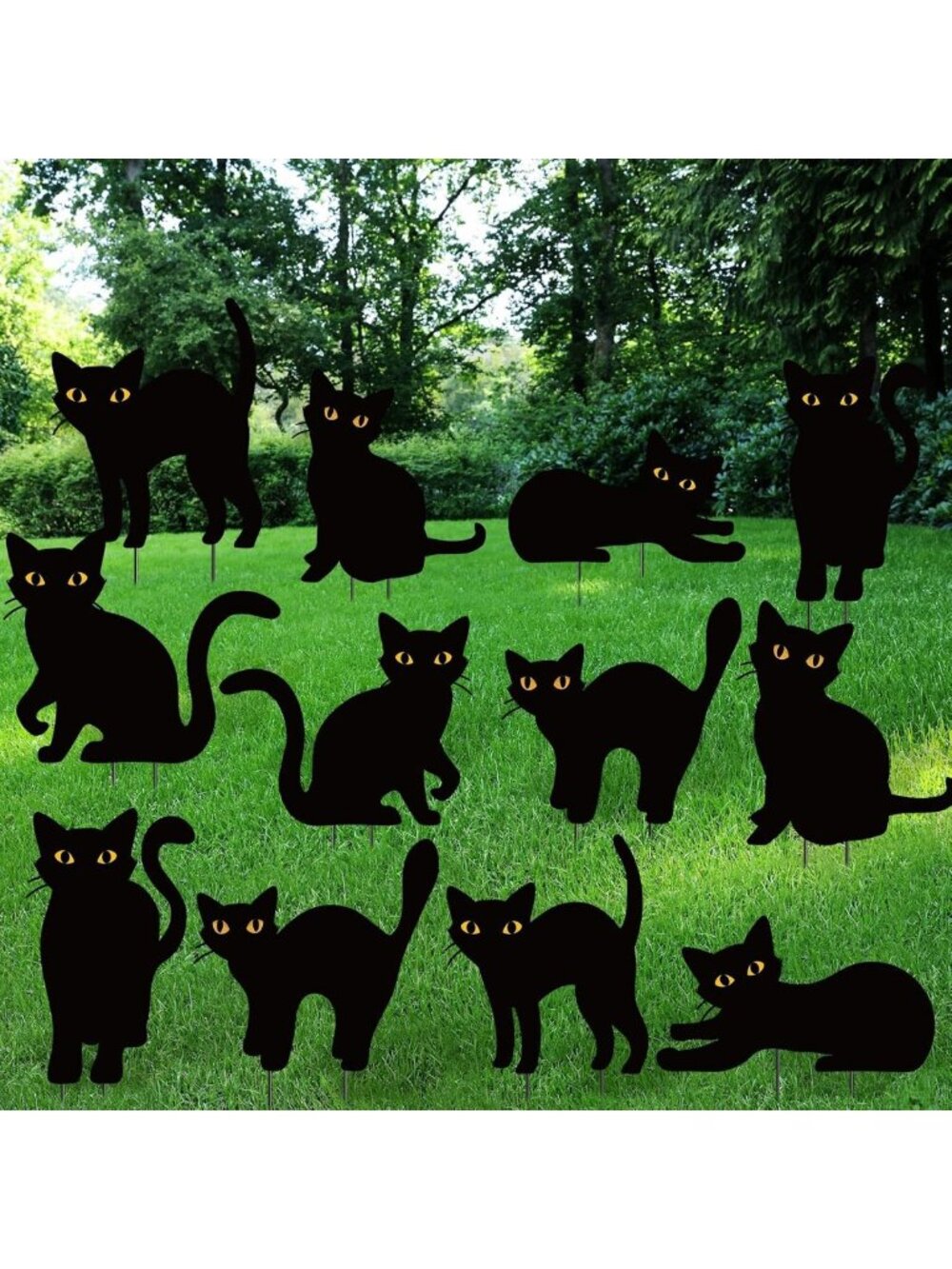12 Pack Scary Black Cat Yard Signs with Stakes - Halloween Outdoor Decor for